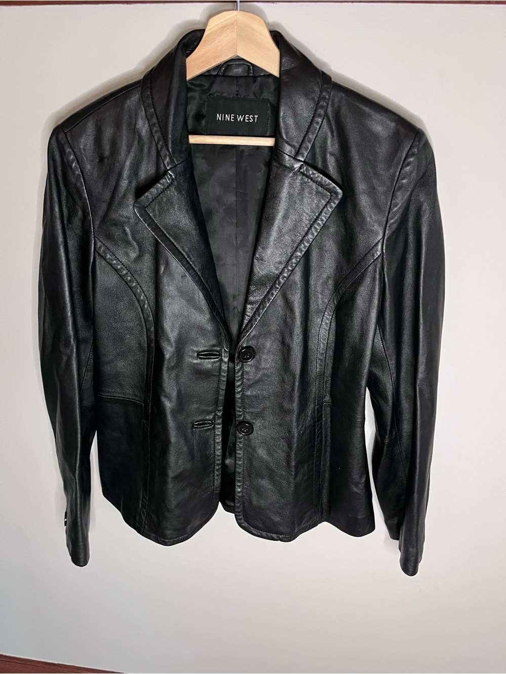 Nine West Womens Black Leather Blazer Two Button Tailored Jacket Size Large